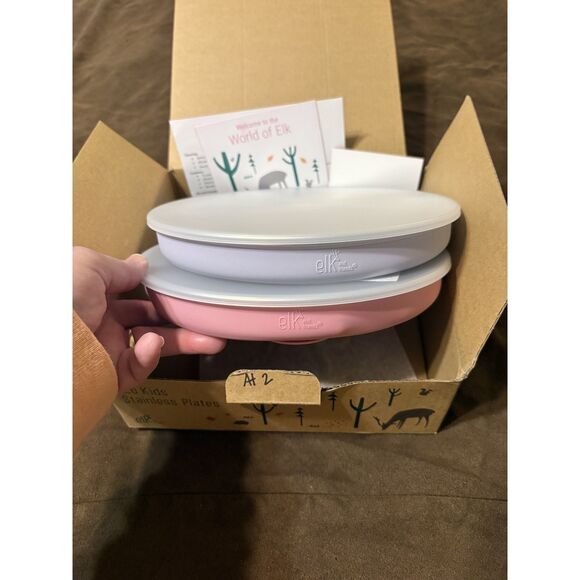 Eco Kids Stainless Plates Elk and Friends Set of 2 Blush and Lilac New in Box - Picture 7 of 11